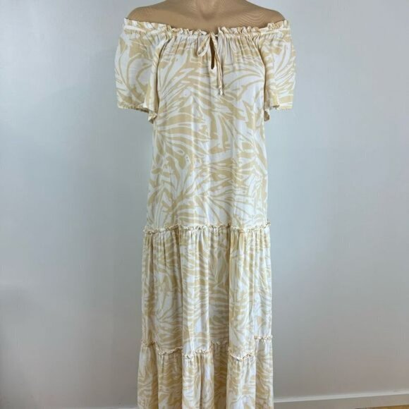 Patrons Of Peace Dress Size M Maxi Ruffle Tier Tie Neck Off Shoulder Tan White - Picture 10 of 13